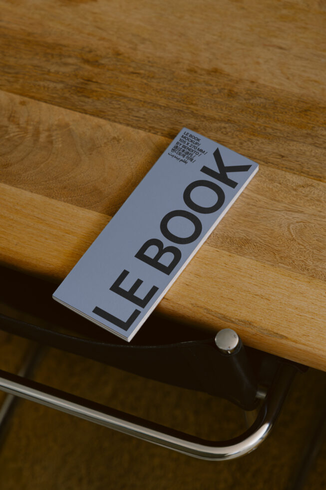 Slim book mockup on wood table, blue cover, vertical orientation, realistic
