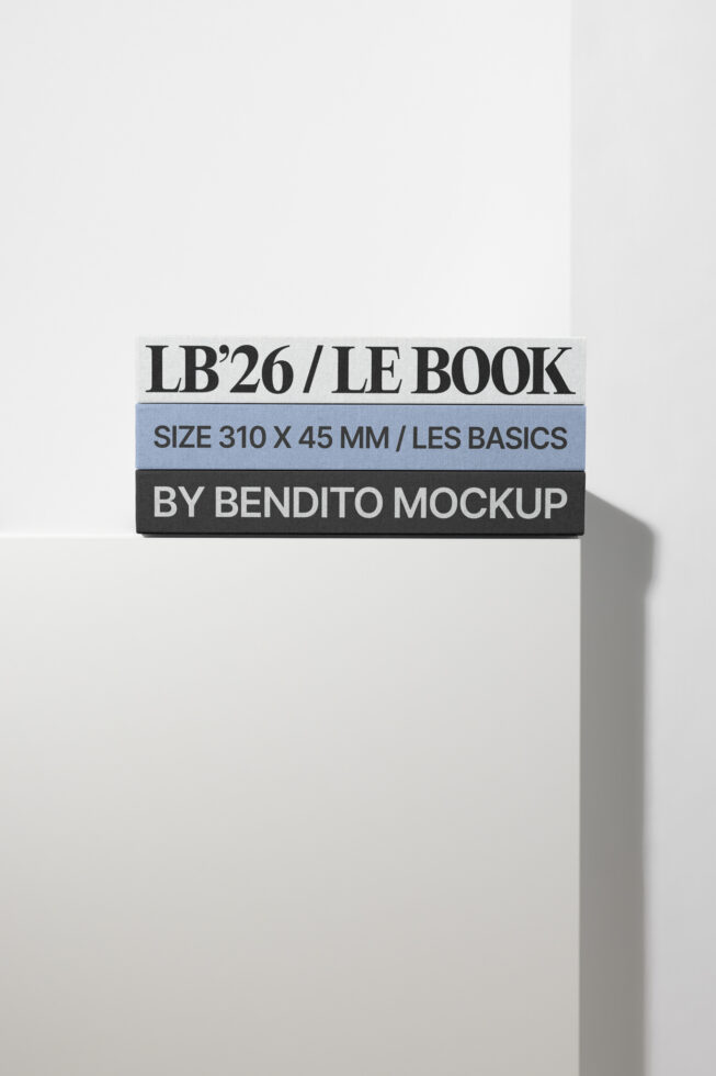 Stacked book spines mockup, white background, three-color design layout