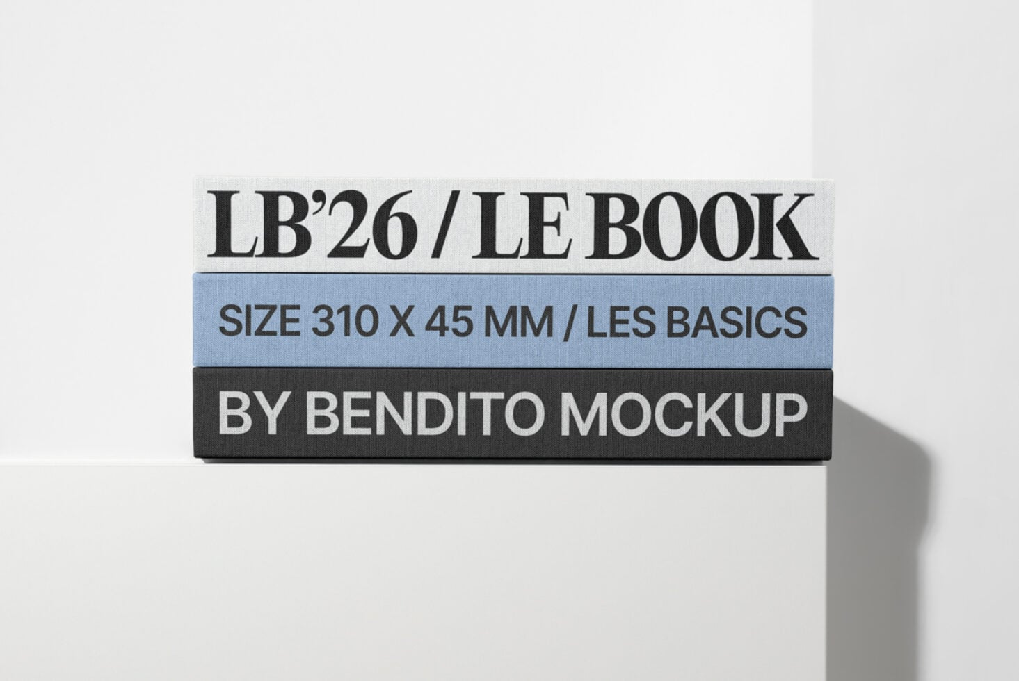 Stacked book spines mockup, minimal white background, editorial layout