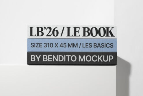 Stacked book spines mockup, minimal white background, editorial layout