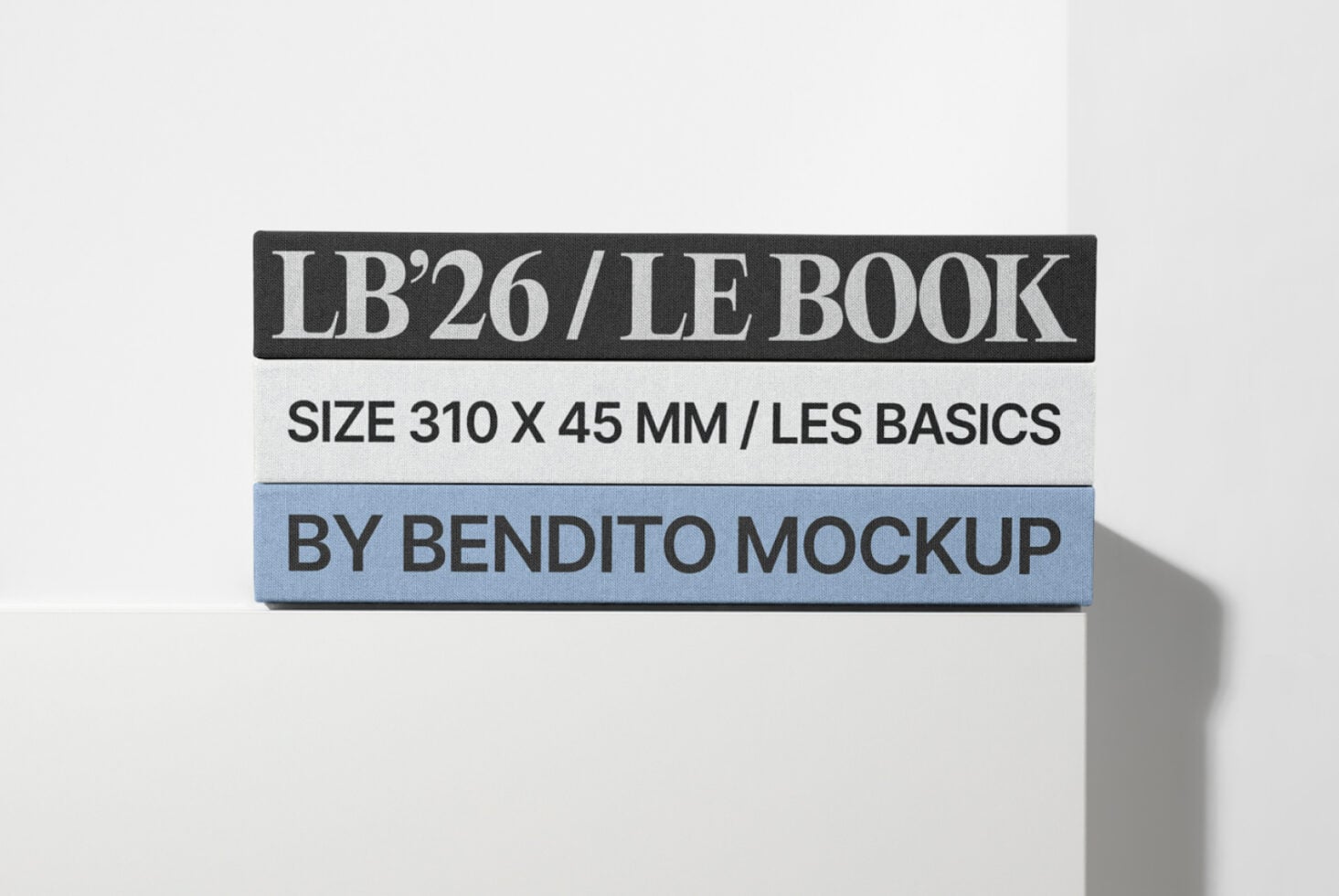 Stacked book spines mockup on white, periwinkle blue accent band, shadow