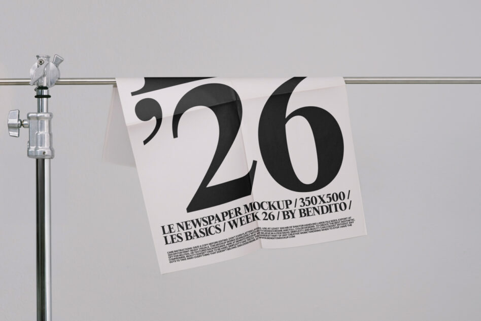 White newspaper mockup on rod displaying oversized '26' with small text below