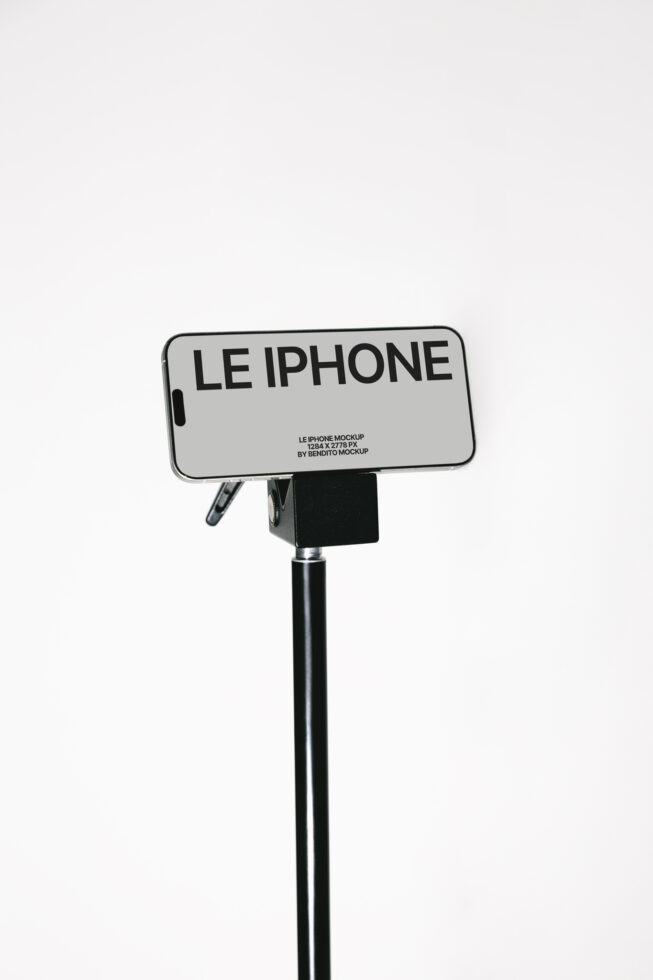 Gray iPhone mockup mounted on black pole with white backdrop
