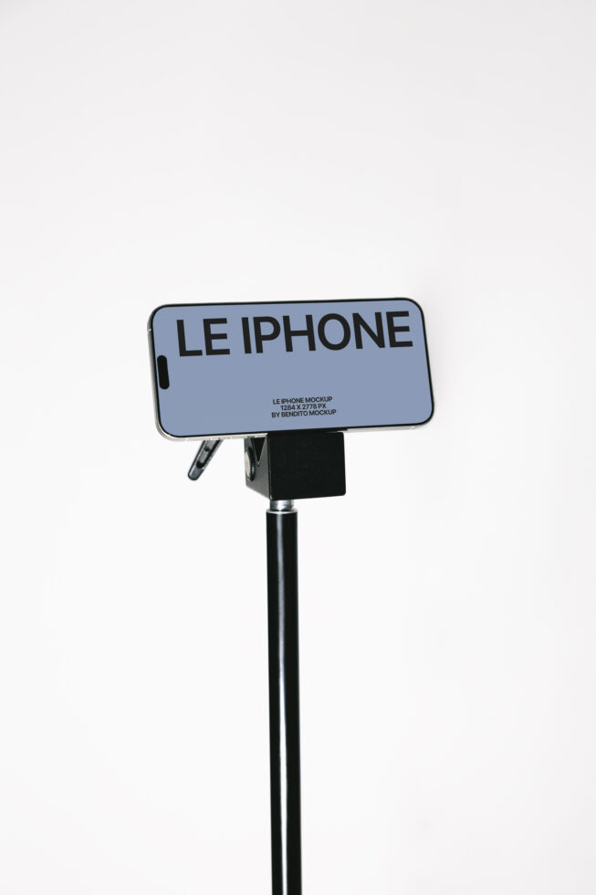Blue iPhone mockup on pole mount against white background