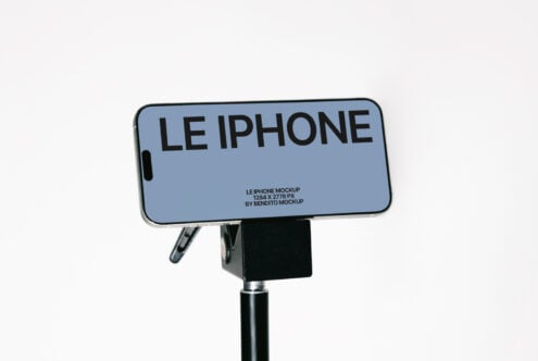 Blue iPhone mockup on adjustable phone holder stand display