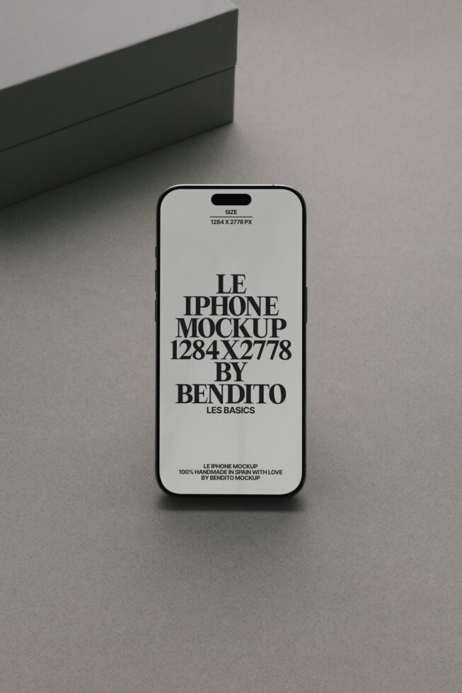 White iPhone mockup on gray surface with black box in background