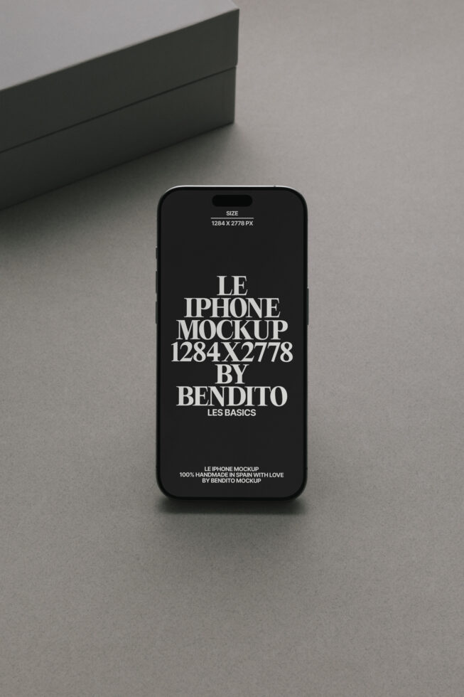 Black iPhone screen display mockup on minimal gray background with black box
