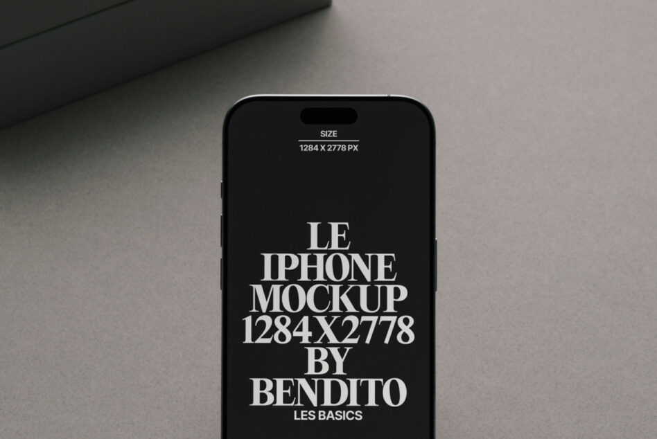 Black iPhone mockup centered on neutral gray surface backdrop