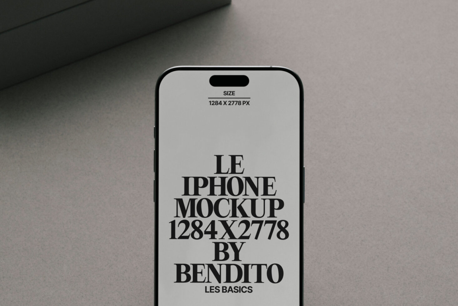 Light gray iPhone mockup on neutral surface with dark box above