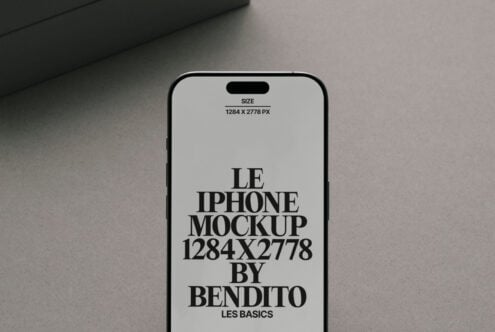 Light gray iPhone mockup on neutral surface with dark box above