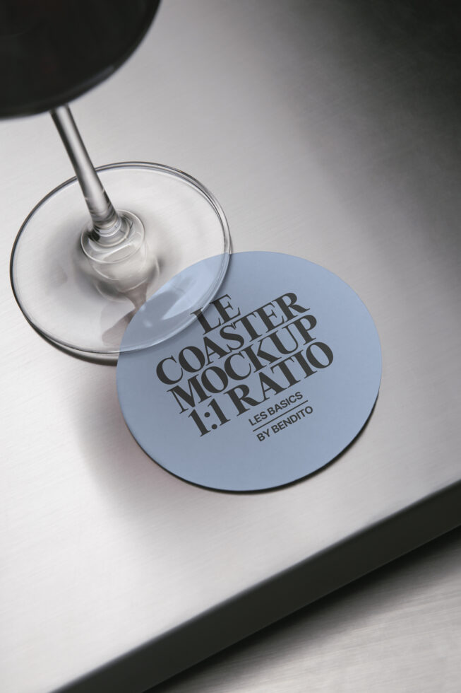 Blue coaster mockup on clear glass by stem for tableware display