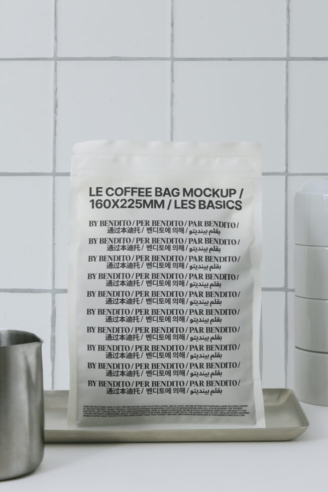 White coffee pouch mockup displayed against subway tile background
