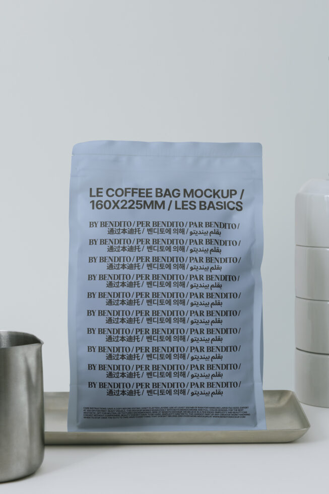 Light blue coffee pouch mockup with multilingual text on white surface