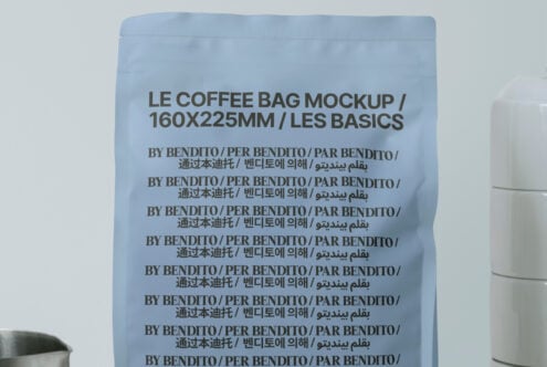 Periwinkle coffee bag mockup with repeated Bendito branding text