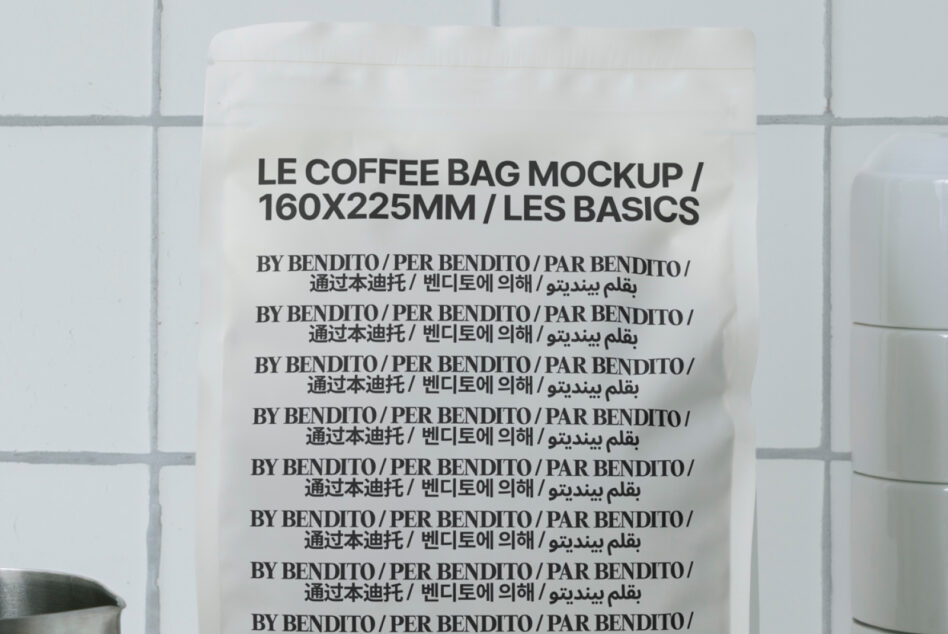 Cream colored coffee pouch on tiled surface with dark grout lines