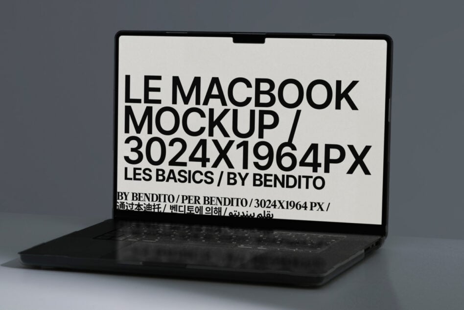 Open laptop mockup showing off-white screen with bold black sans-serif text