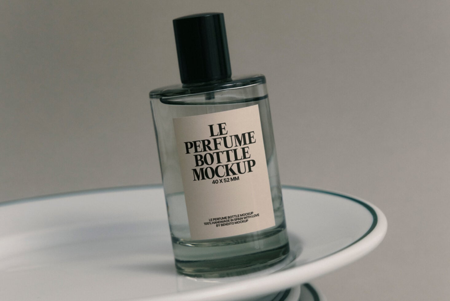 Perfume bottle mockup cream label version on layered white plates