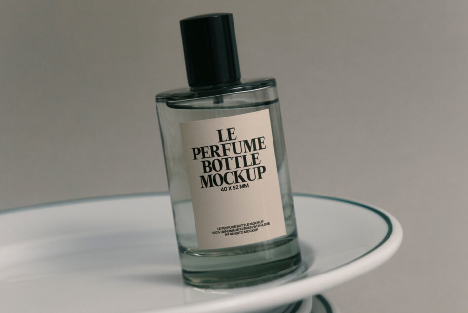 Perfume bottle mockup cream label version on layered white plates