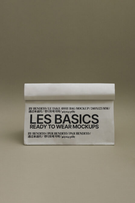 Cream colored folded takeaway bag mockup showing Les Basics Ready to Wear design layout