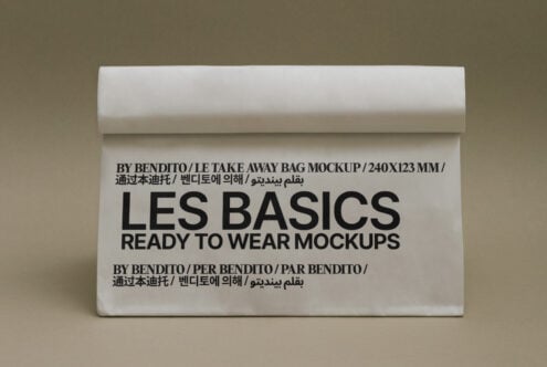 White paper shopping bag mockup with Les Basics Ready to Wear branding centered