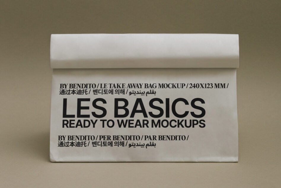 White paper shopping bag mockup with Les Basics Ready to Wear branding centered