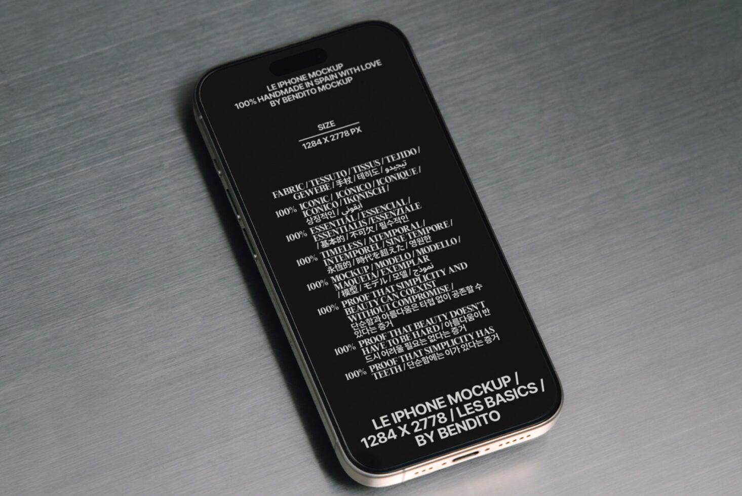iPhone mockup with black screen displaying multilingual content on grey textured background