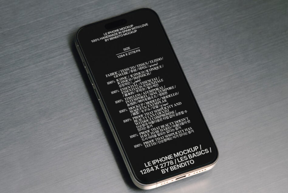 iPhone mockup with black screen displaying multilingual content on grey textured background
