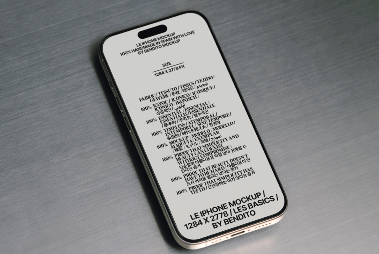 iPhone mockup with cream screen displaying multilingual content on grey textured background