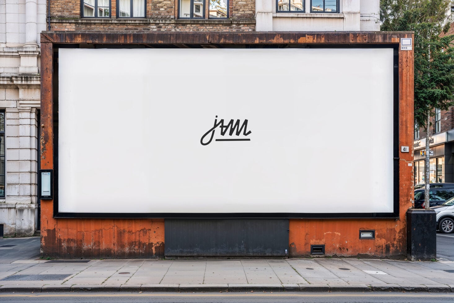 Street billboard mockup with white background on weathered metal storefront