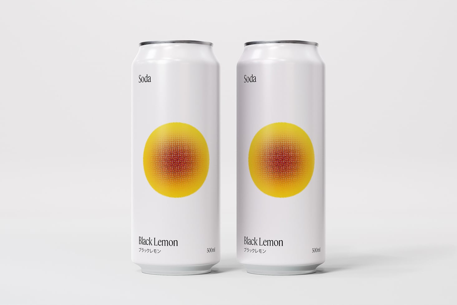 Tall white soda cans with Black Lemon label, yellow gradient circle