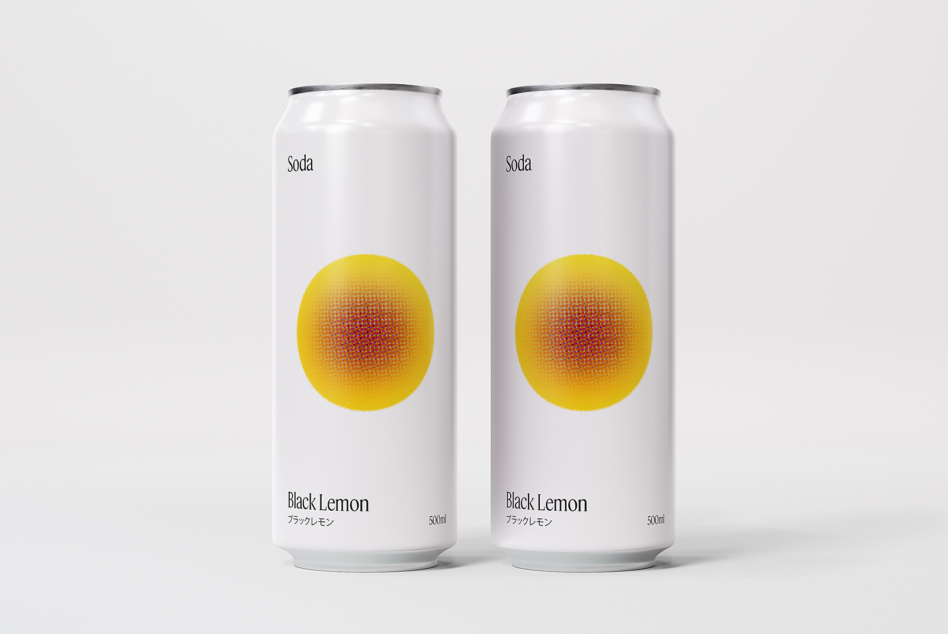 Tall white soda cans with Black Lemon label, yellow gradient circle
