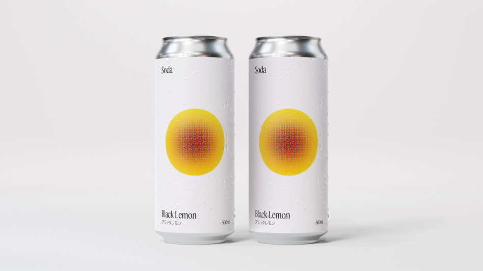 Black Lemon soda cans pair with yellow orange gradient dot artwork