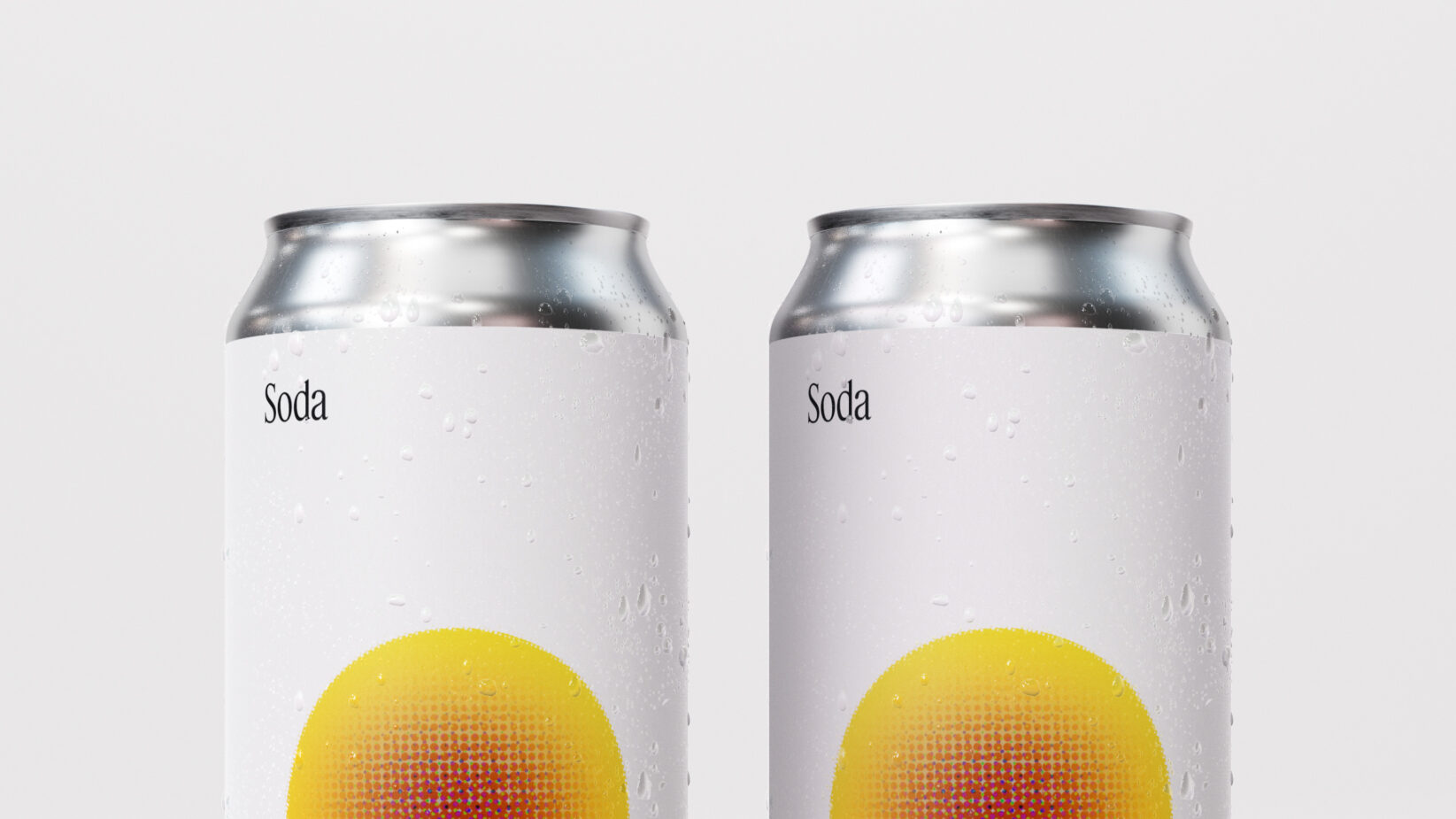 Two soda cans with yellow gradient circle design, condensation visible