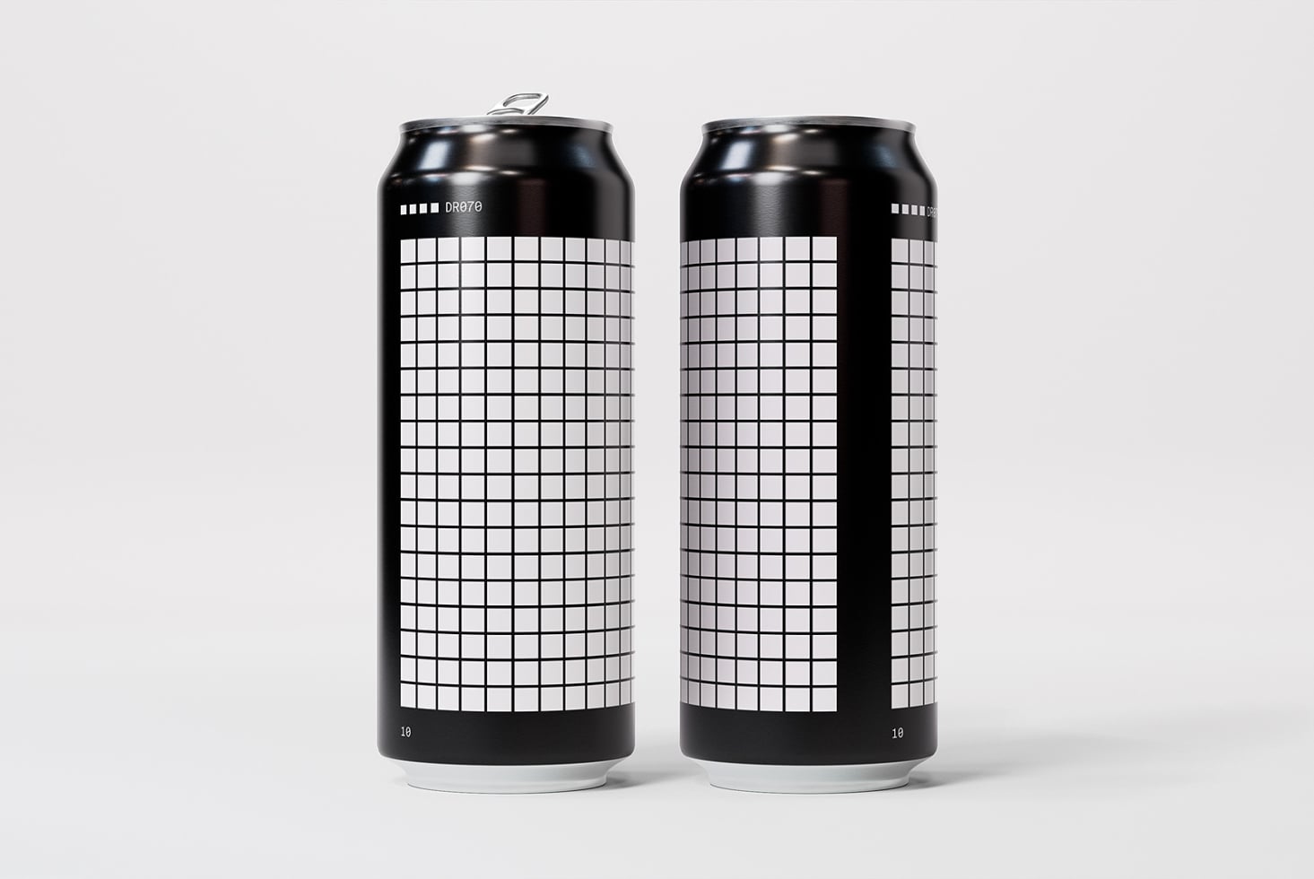 Dark beer cans with white pixel grid pattern design, DR070 label