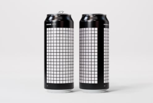 Minimalist tall can mockup featuring a grid-based label design on a sleek black surface perfect for beverage packaging projects and graphic design templates.