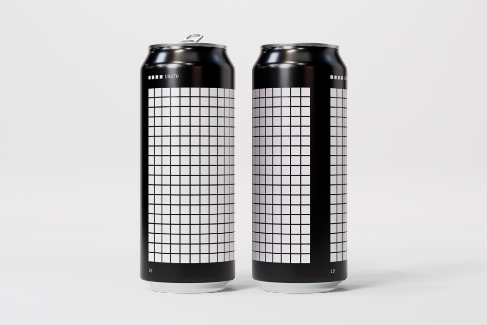 Dark beer cans with white pixel grid pattern design, DR070 label