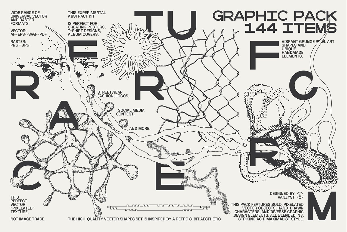 Abundant graphic pack featuring 144 abstract vector items for designers. Ideal for posters logos and social media. Includes both vector and raster formats.