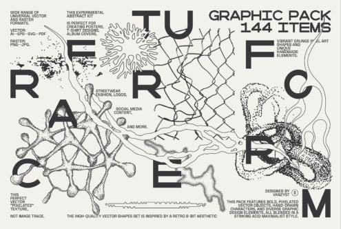 Abundant graphic pack featuring 144 abstract vector items for designers. Ideal for posters logos and social media. Includes both vector and raster formats.