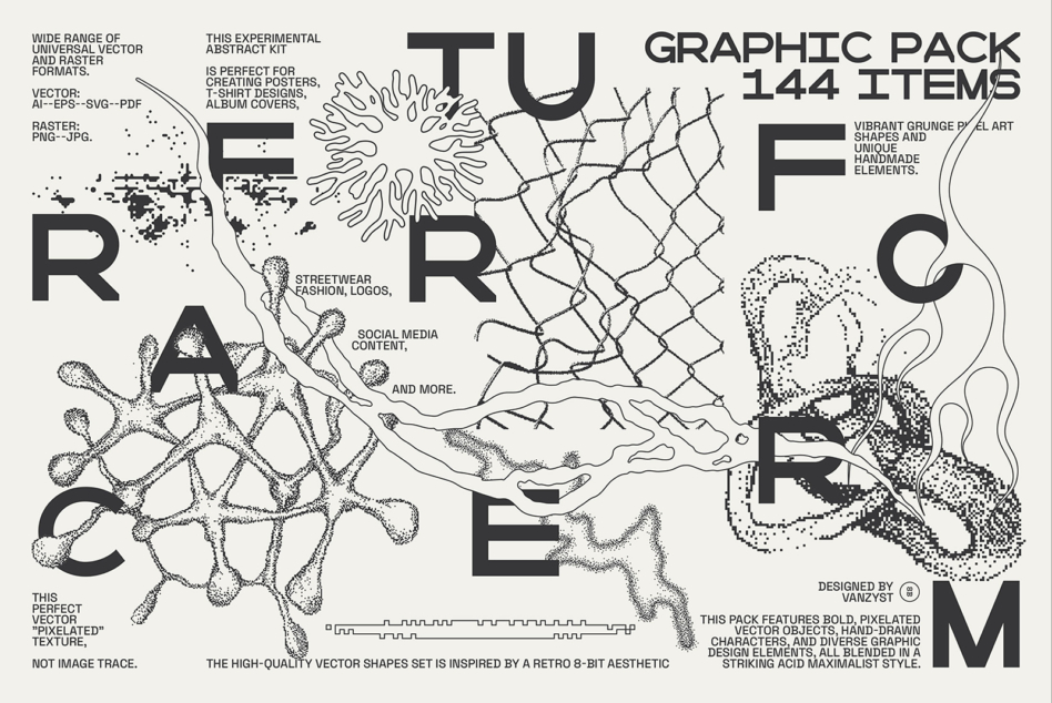 FRACTURE 144 items graphic pack layout with abstract vector shapes, typography, design elements