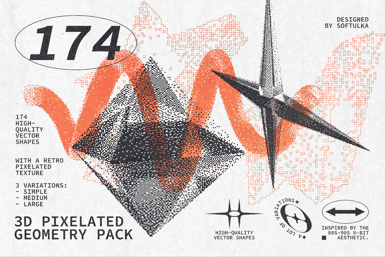 174 colorful pixelated vector shapes with orange, black, white texture variations