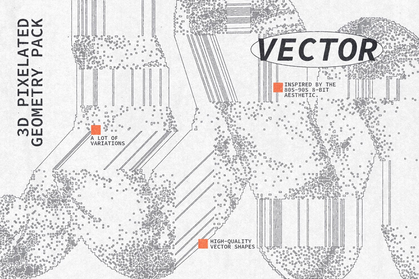 Line art showing pixelated geometry pack with multiple shape variations displayed