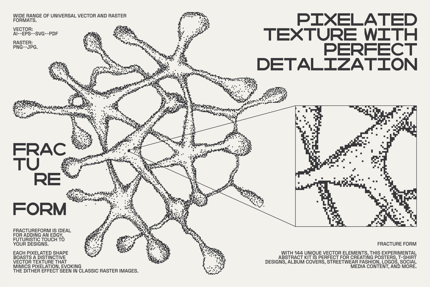 Abstract pixelated texture design with fractal elements in vector and raster formats. Ideal for creative digital graphics, templates, mockups.