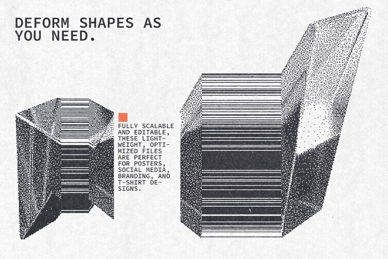 Two 3D cubes with pixelated dotted texture on one side, lined texture on other