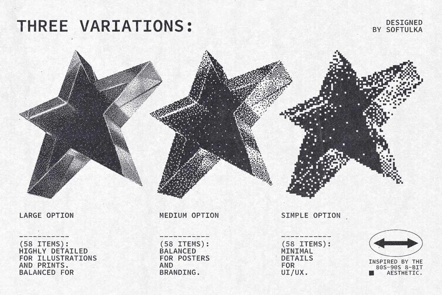Three black stars showing simple, medium, detailed detail levels side by side