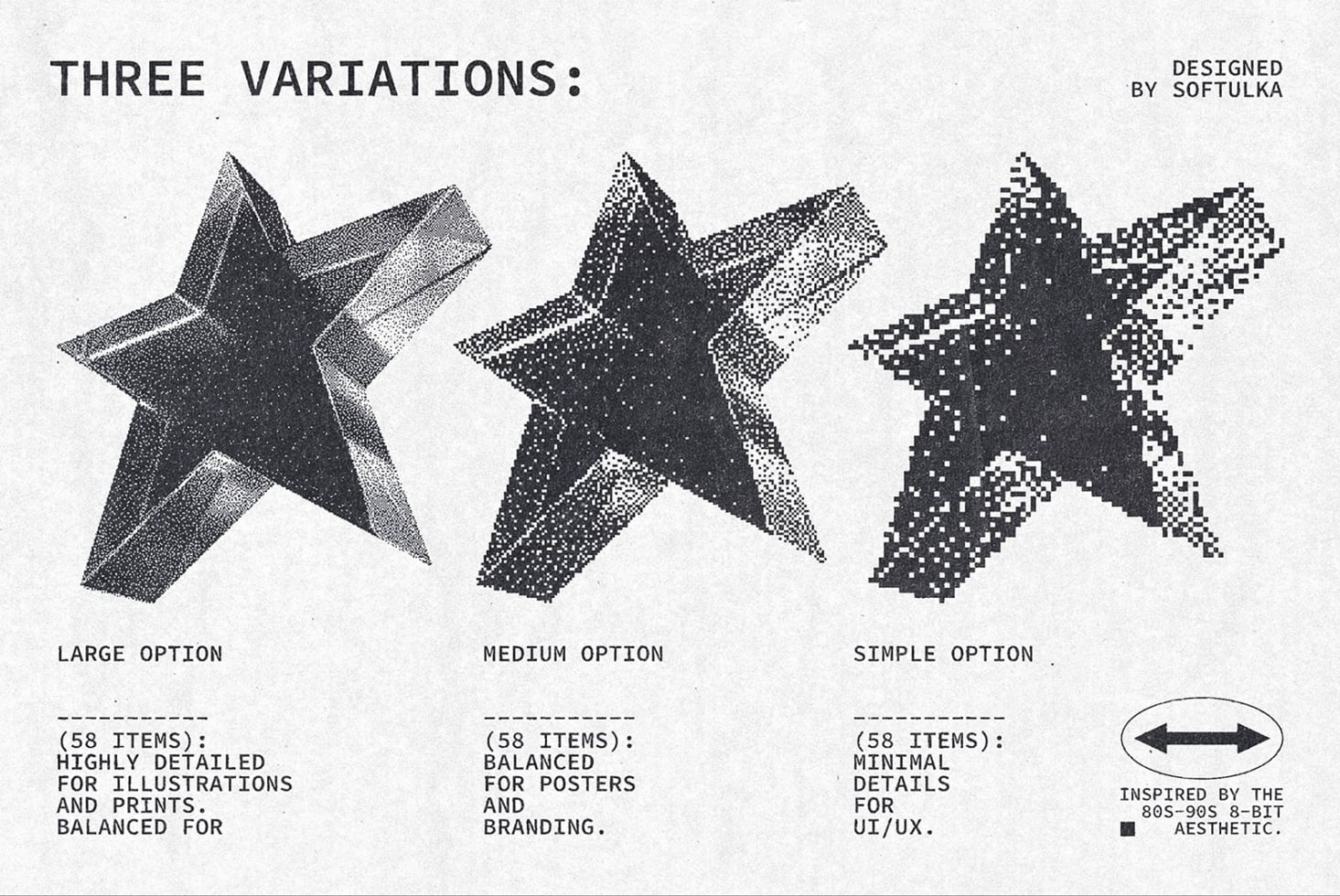 Three black stars in large, medium, simple detail showing texture options
