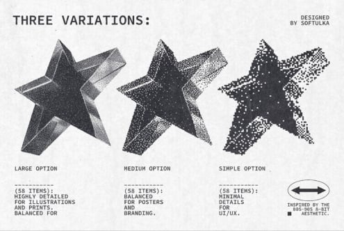 Three black stars in large, medium, simple detail showing texture options