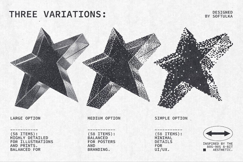 Three black stars in large, medium, simple detail showing texture options