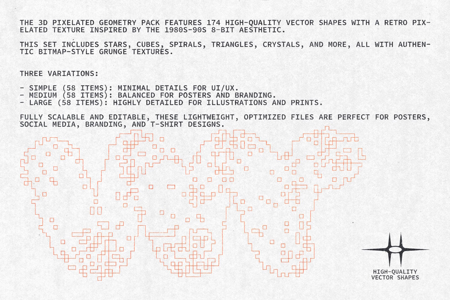 Four pixelated orange blob shapes made of geometric squares on white