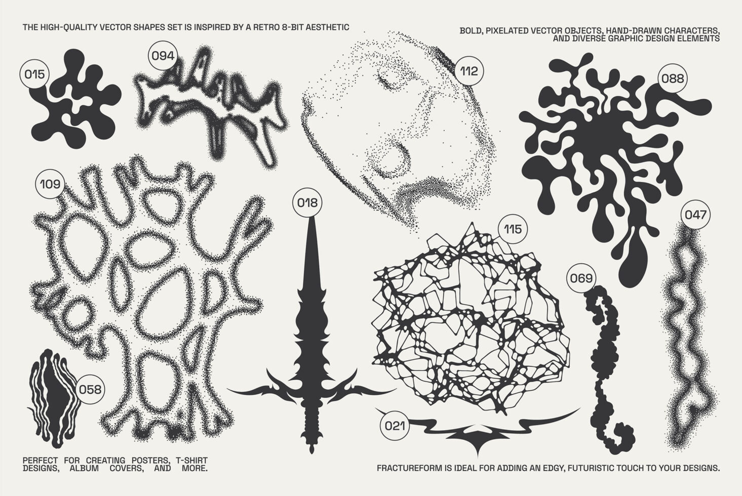 Retro vector shapes inspired by 8-bit aesthetic for designers. Includes abstract graphics ideal for posters, t-shirts, and album covers.