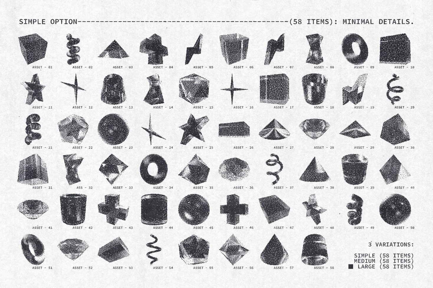 Grid of 58 minimal geometric shapes, stars, circles, crosses in grainy dotted texture